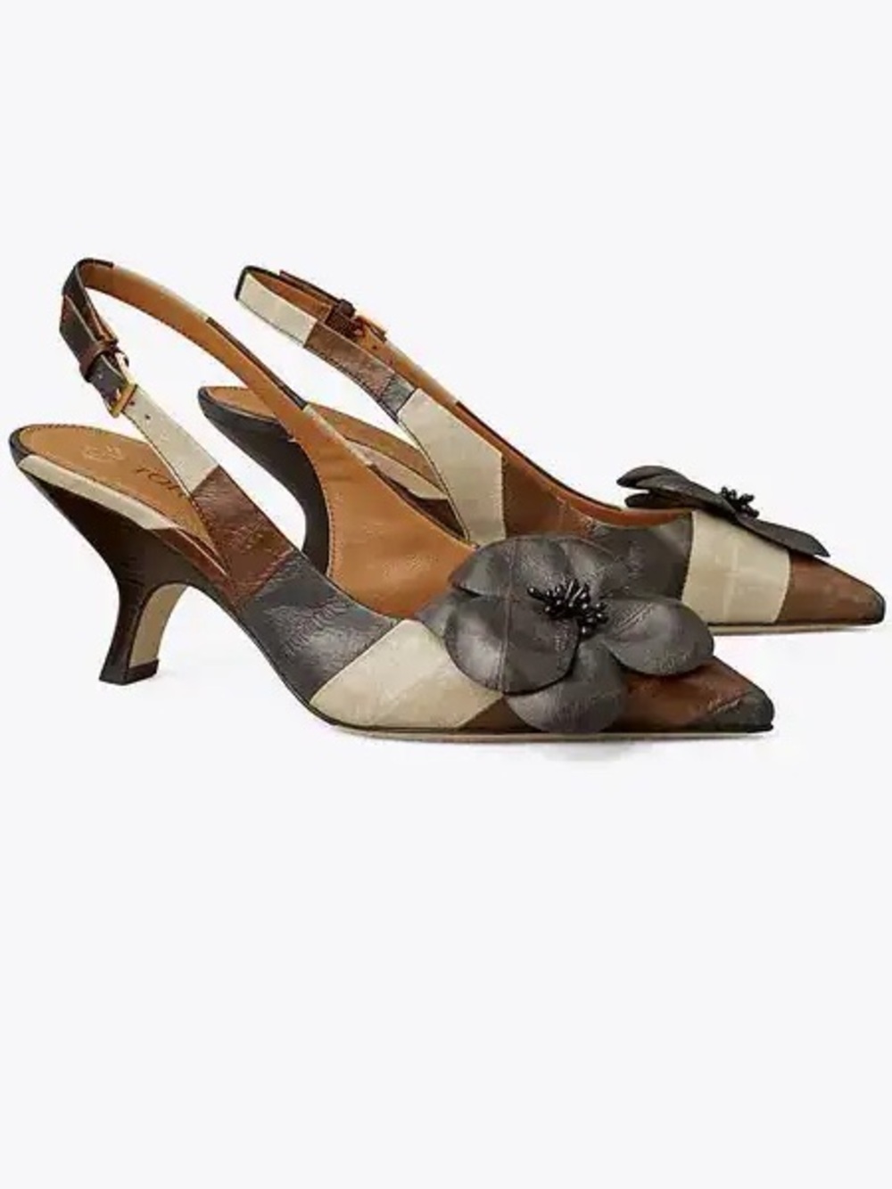Tory Burch Patchwork Slingback Pumps with Flower Accent - Brown/Cream/Black
